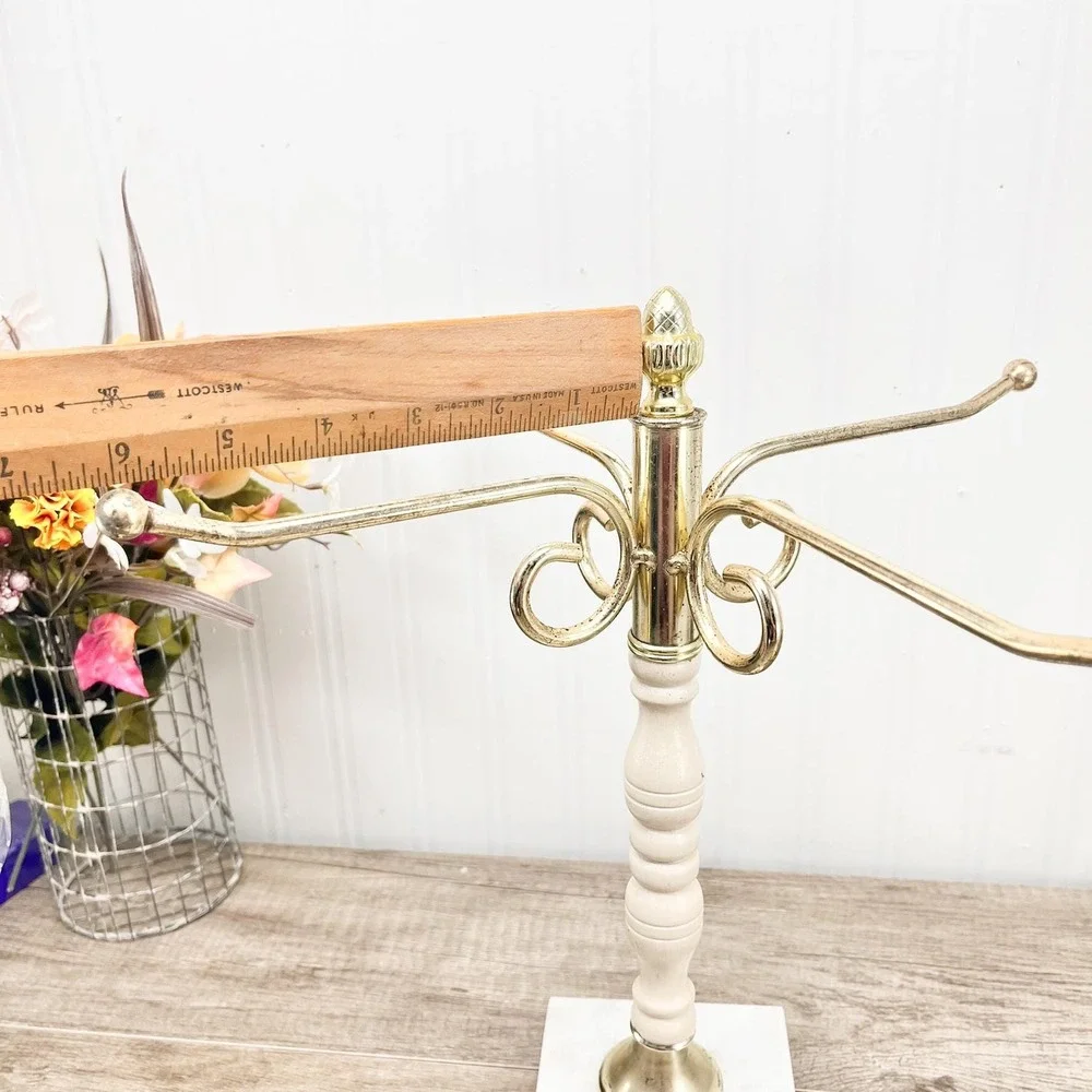 Vintage Brass Marble Jewelry Stand, 4-Arm Rotating Organizer Decor